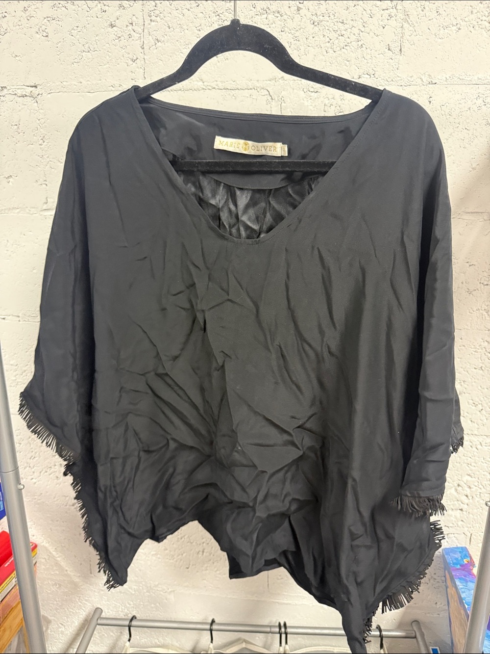 Black V-Neck Fringe Poncho Top MARIE OLIVER Size Small - LIKE NEW